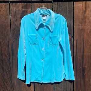 Vintage Y2K Blue Velour Button Up 2000s does 70’s Raver Turquoise Aqua Shirt